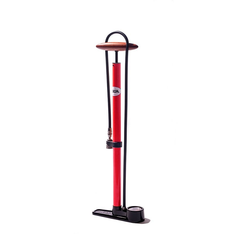 SILCA Pista Floor Pump Red with Black Single Sided Base and SILCA Presta Chuck and Threaded Schrader Chuck - Image 1